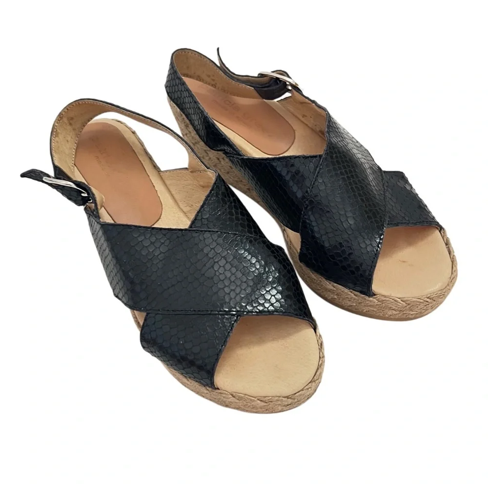 Patricia Green Genuine Leather Black Tan Wedge Espadrilles Sandals 37 7‎
